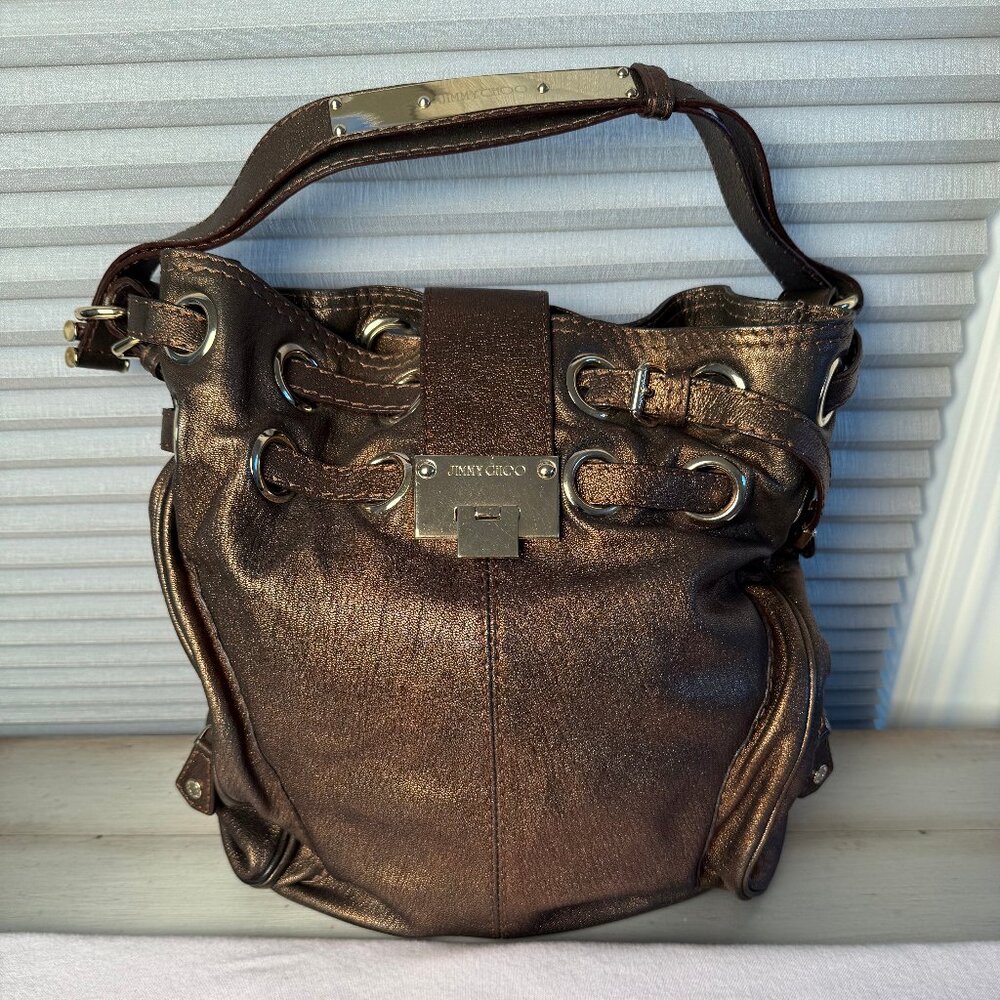 Jimmy Choo Metallic Bronze Leather Riki Side Pocket Shoulder Bag